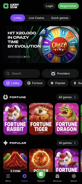 Lucky Star: inicio con los juegos populares y la categoría Fortune