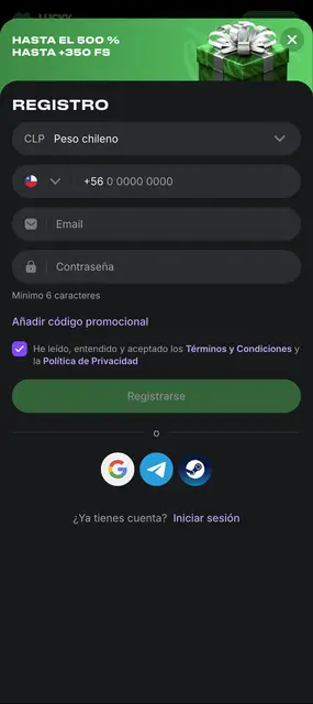 Alta de cuenta en CLP con acceso por Google, Telegram o Steam en el sitio de Lucky Star